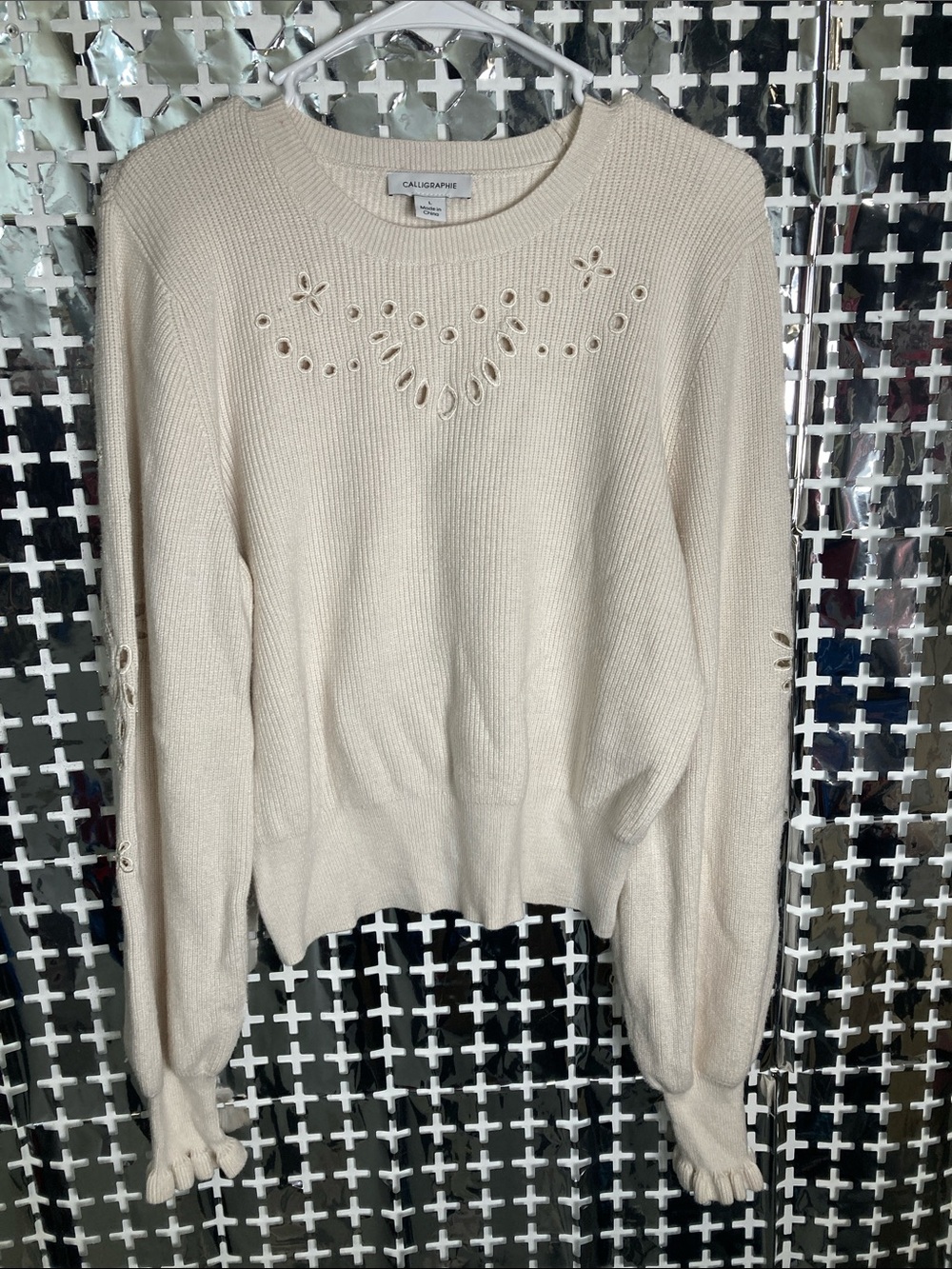 Calligraphy Cream Eyelet-Trim Crewneck Sweater